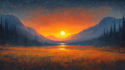 Sunset over mountain lake, starry night.