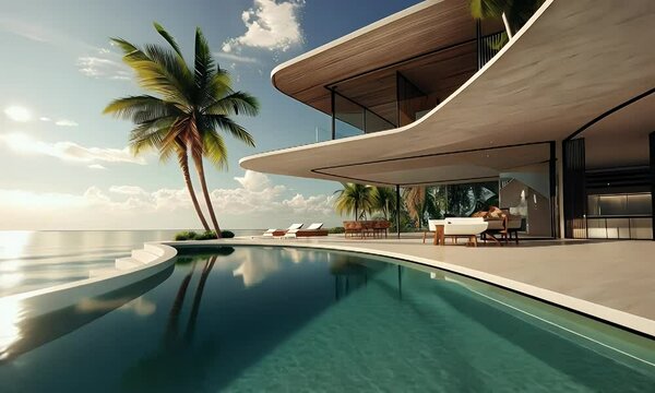 A modern villa by the water with a pool and palm trees, showcasing luxury and relaxation.