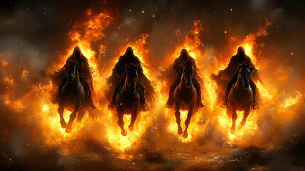 Fototapeta premium Horses Run with Riders Through Fire and Embers at Night