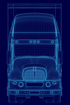 Blue truck with a trailer is shown in a stylized way. The truck is a semi truck and the trailer is a flatbed. Front view. 3D
