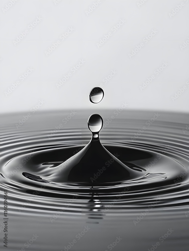 Poster a close-up of a water droplet creating ripples in a calm surface, showcasing fluid dynamics.