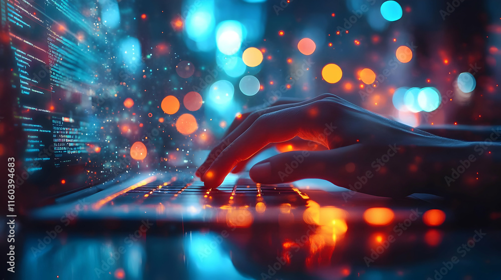 Poster hands typing code on laptop keyboard with city lights reflections accurately