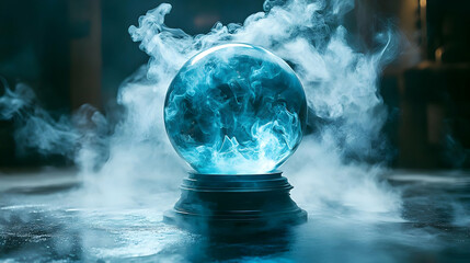 Fototapeta premium Crystal Ball Emits Smoke and Glows Mysteriously in Dark Room