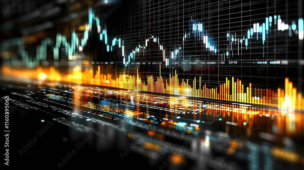Aufkleber financial market data visualization shows dynamic charts and graphs reflecting market trends and per