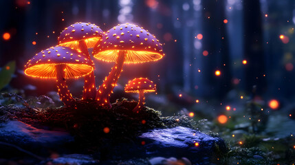 Glowing Mushrooms Thrive in Enchanted Forest at Night with Fireflies