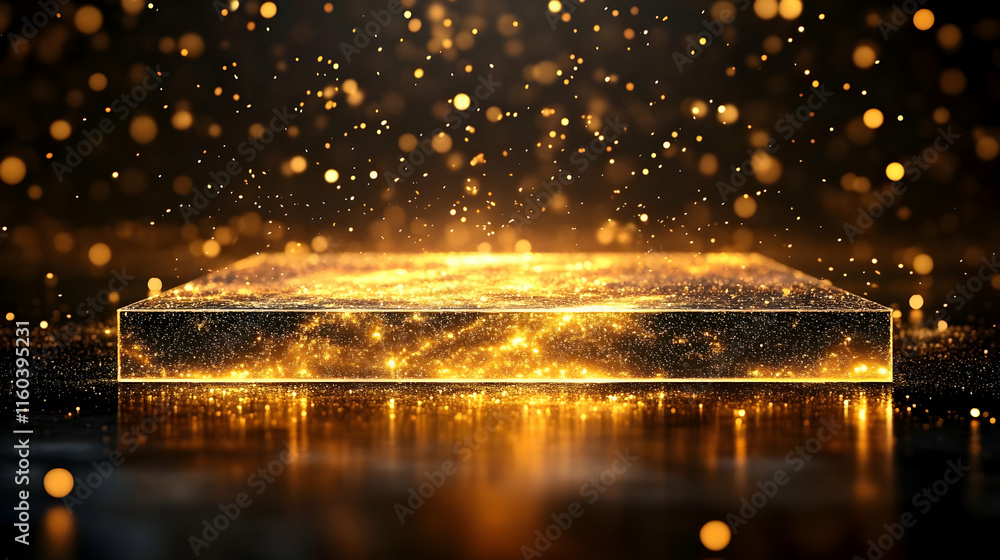 Poster golden sparkle lights shine on square platform with bokeh effect