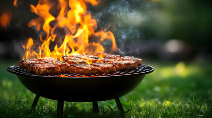 Delicious Grilled Meat Cooking on a Hot Grill Outdoors in the Grass