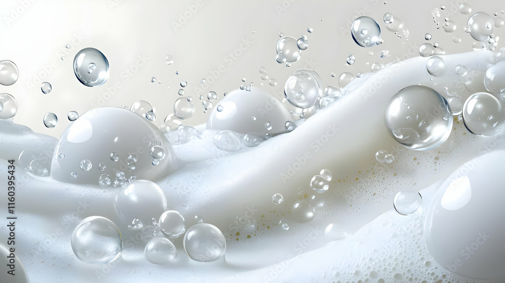 Poster 3d render of bubbles floating on a white creamy surface with a smooth texture and gentle lighting