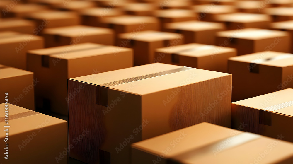 Poster cardboard boxes form a grid pattern in a warehouse setting, ready for distribution