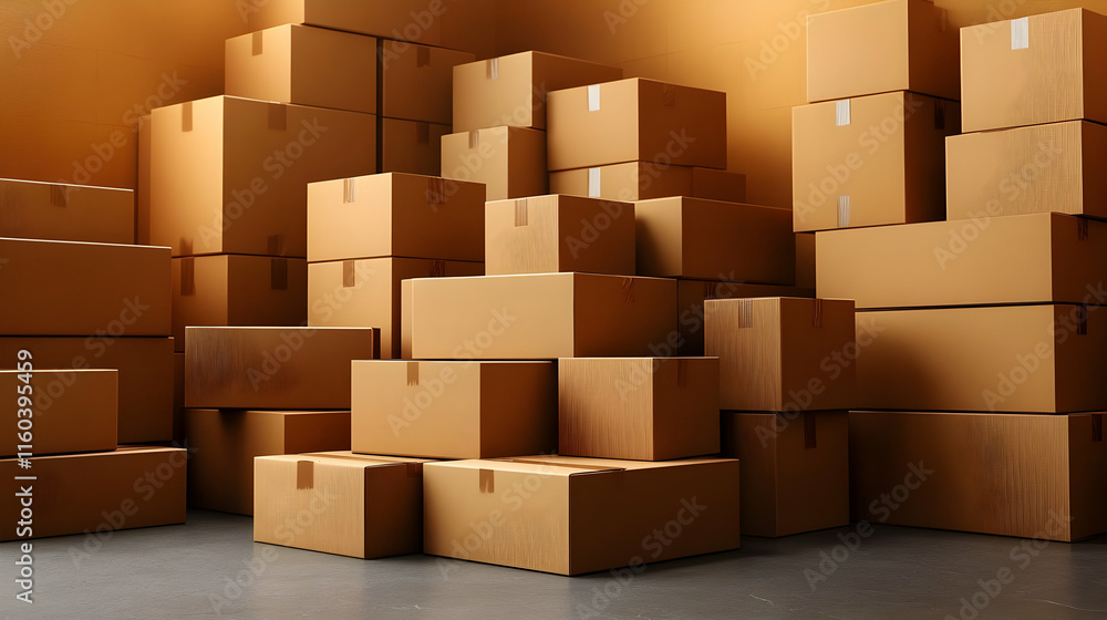 Poster cardboard boxes stacked neatly in a warehouse storage area with a gray floor