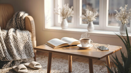 A serene home setup featuring a steaming cup of coffee, an open book, and soft sunlight streaming through the window. Perfect for conveying relaxation, mindfulness, and cozy living.