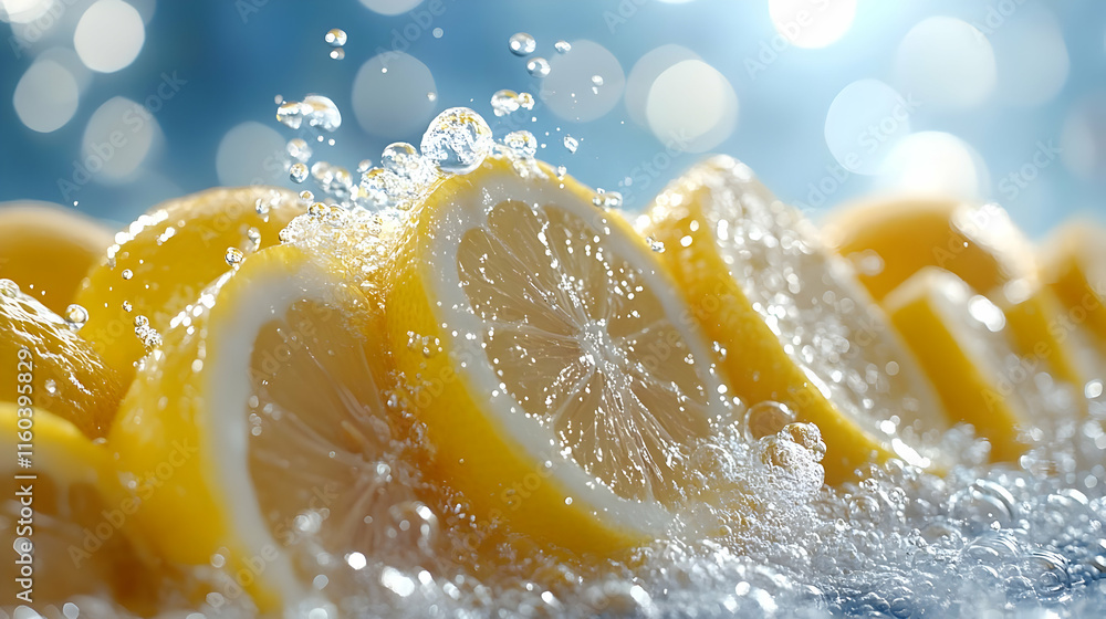 Aufkleber fresh lemon slices splashed with sparkling water on a blue bokeh background.