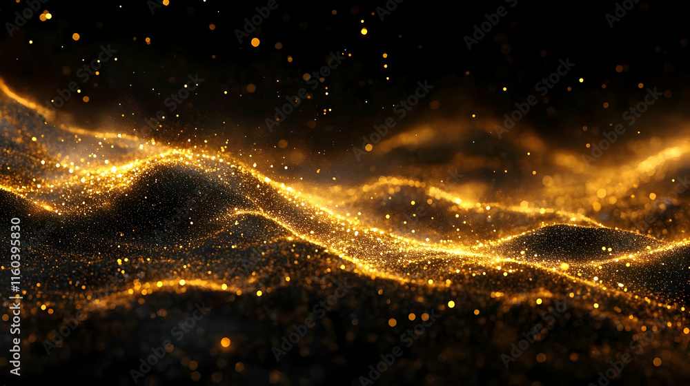 Poster golden particles flow and sparkle dynamically on black background