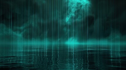 Teal light beams over water, dark clouds.