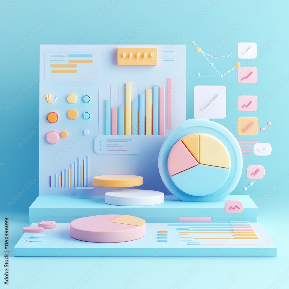 Poster pastel 3d data visualization charts and graphs.