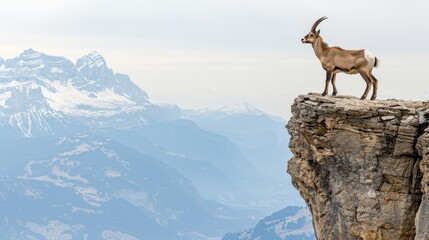 Obraz premium Majestic ibex standing on cliff edge overlooking snow-capped mountains.