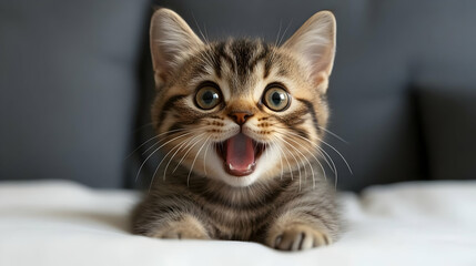 Adorable Kitten Opens its Mouth Wide in Surprise on a Soft White Surface