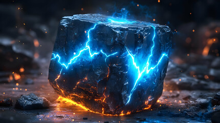Dark Cube Emits Blue Energy, Crackles with Orange Fire in a 3D Rendered Scene