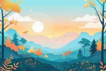 Fototapeta premium A Scenic Landscape with Lush Trees, Blue Mountains, and a Sun-Kissed Sky