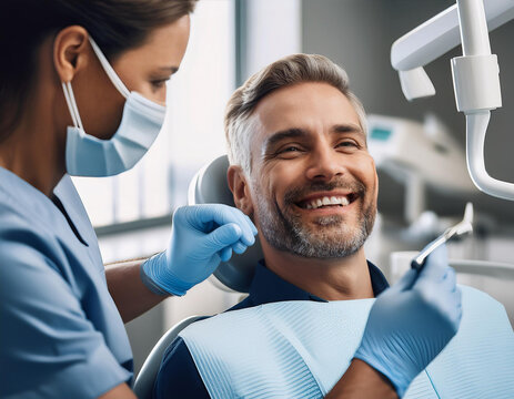 Una mujer dentista haciendo una revision a un paciente en una cl&iacute;nica dental