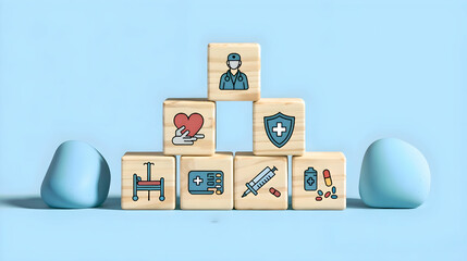 An artistic display of wooden blocks featuring medical icons such as a doctor, a shield, a syringe, and more. Perfect for visualizing healthcare services, patient care, and medical innovations