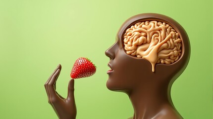 Surreal chocolate human head with visible brain and floating strawberry on green background
