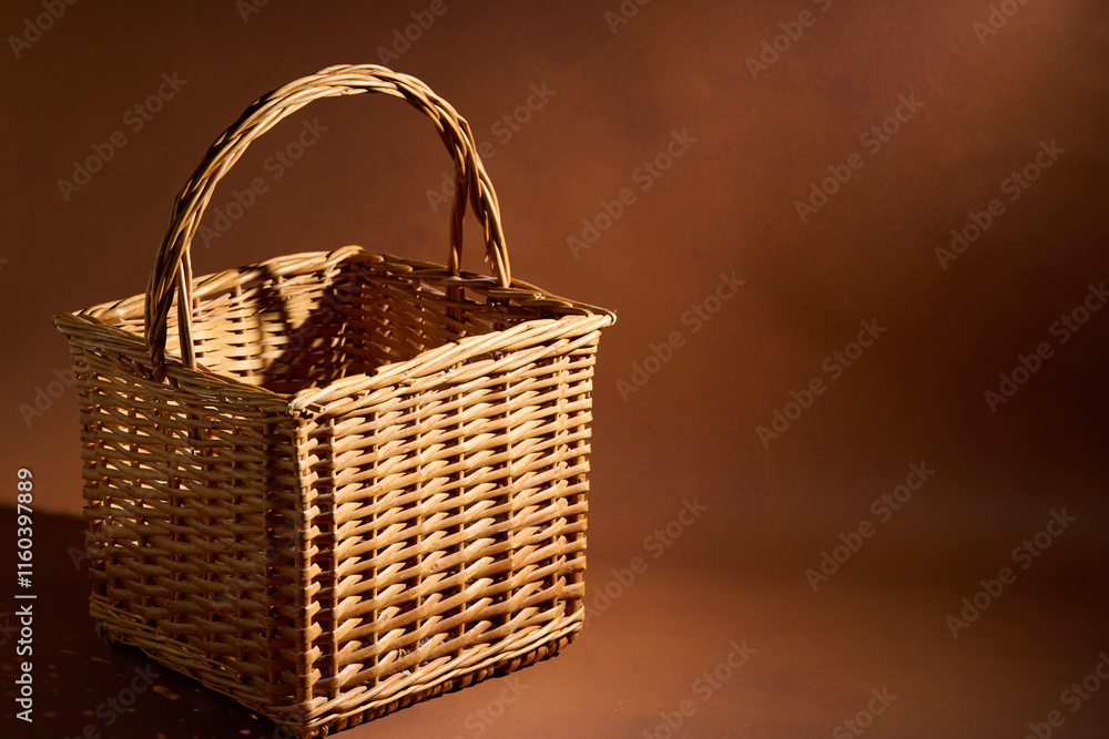 Wall mural An empty wicker picnic basket on a brown seamless backdrop.