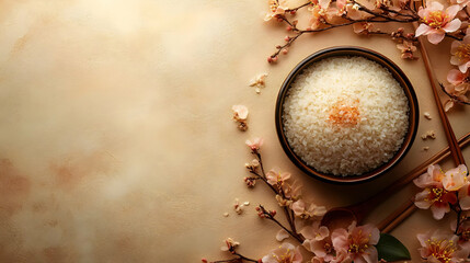 A Bowl of Rice Decorated with Pink Flowers and Chopsticks on a Textured Background