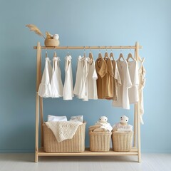 Wooden clothes rack with baby clothes, baskets, and toys.