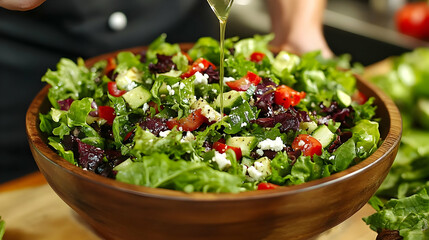 Fresh Salad with Dressing Poured into Wooden Bowl: A Culinary Delight with Vibrant Greens and Tasty Toppings.