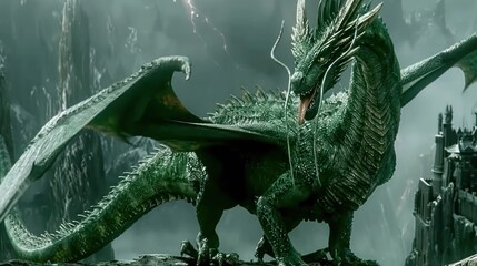 Majestic green dragon overlooking a fantasy kingdom amidst stormy weather.