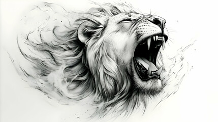 Obraz premium Lion Roars Fiercely with Majestic Mane Flowing Wildly in Black and White