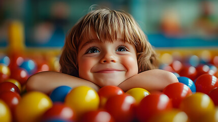 Fototapeta premium Happy Child Rests Chin on Arms in a Colorful Ball Pit, Enjoying Playtime Fun