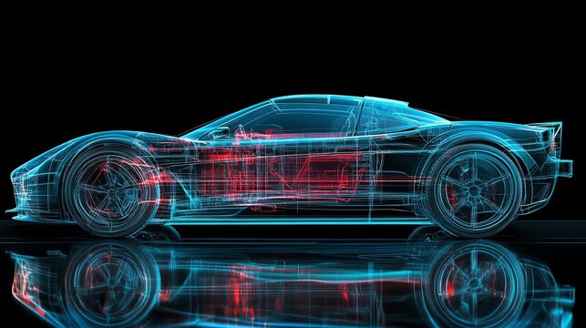 Futuristic sports car design concept. Wireframe model showcasing intricate details and sleek lines against a dark background.  A transparent blue and red outline highlights the vehicle's engineering.