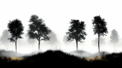 Silhouetted Trees Stand Majestically in a Foggy Field at Dawn