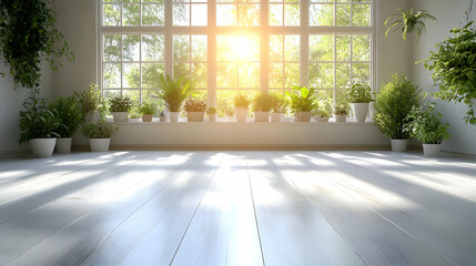 Fototapeta premium Sunlight Illuminates Indoor Plants on Windowsill Beautifully