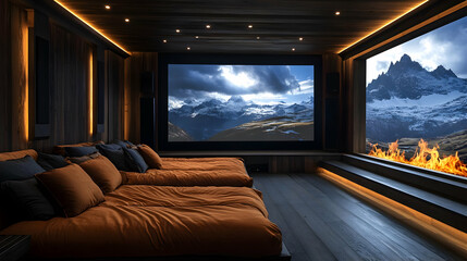 Cozy Home Theater Room with Mountain View and Fireplace Creates Relaxing Ambiance Perfectly.