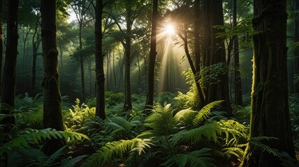 desktop wallpaper,Lush green forest with sunlight filtering through trees

