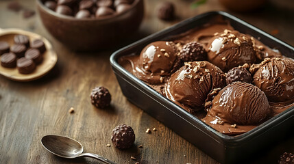 Rich Chocolate Ice Cream Scoops Topped with Chocolate Sauce and Nuts in a Dark Container on a Rustic Table
