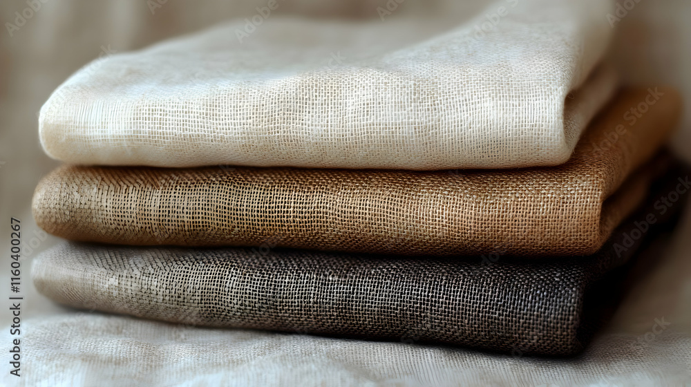Poster stack of neutral-colored fabrics shows various textures and weaving patterns