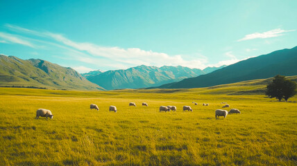 Obraz premium Rural landscape with green fields and grazing sheep under a clear sky
