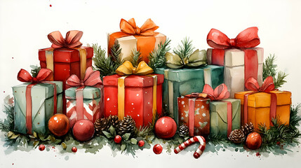 Watercolor Christmas Gifts Decorated with Bows, Pine Branches, and Ornaments Festively Arranged