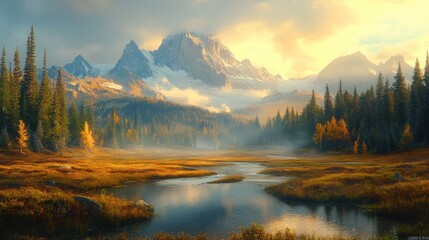 Fototapeta premium Serene autumnal mountain valley landscape with a calm river reflecting the sunrise, mist, and colorful foliage.