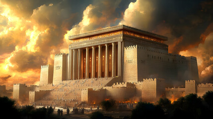 Obraz premium Grand Temple Stands Majestically Under Dramatic Sunset Sky with Worshippers Gathered Below