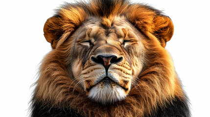 Fototapeta premium Majestic Lion with Closed Eyes and Golden Mane on a White Background