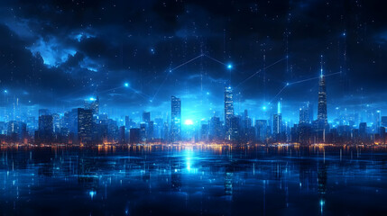 Cityscape Reflects on Water with Network Grid at Night