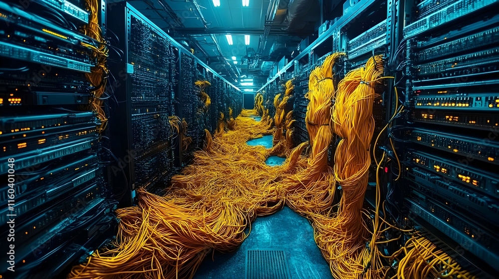 Poster server room with tangled cables shows complex network infrastructure management challenges.
