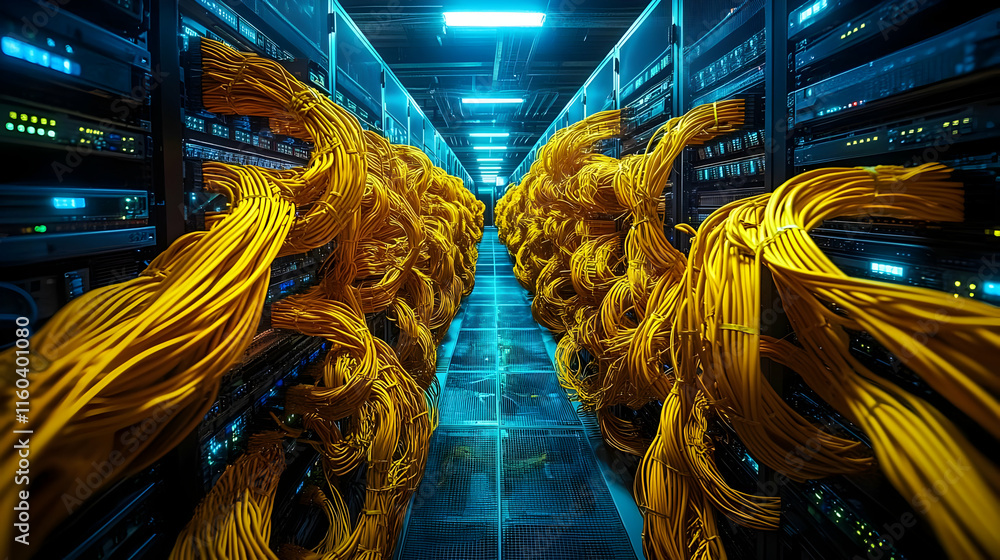 Aufkleber network cables connect servers in data center with organized wiring for efficient data transmission