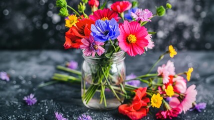 Vibrant wildflowers in a glass jar on a dark background.