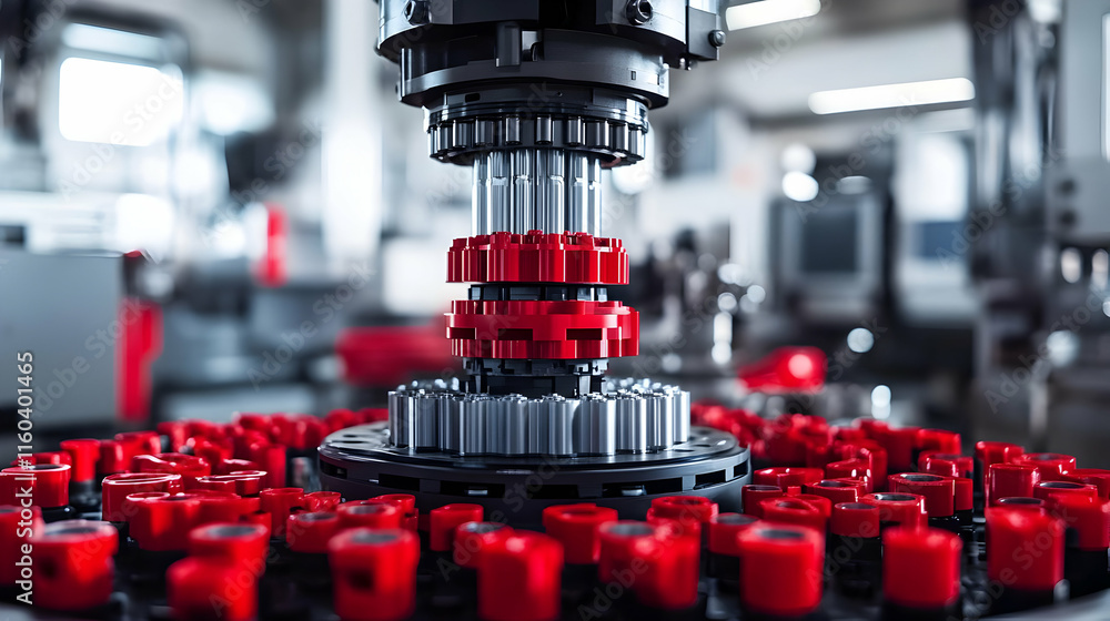 Poster automated industrial machinery processes red components with precision in a modern factory setting.